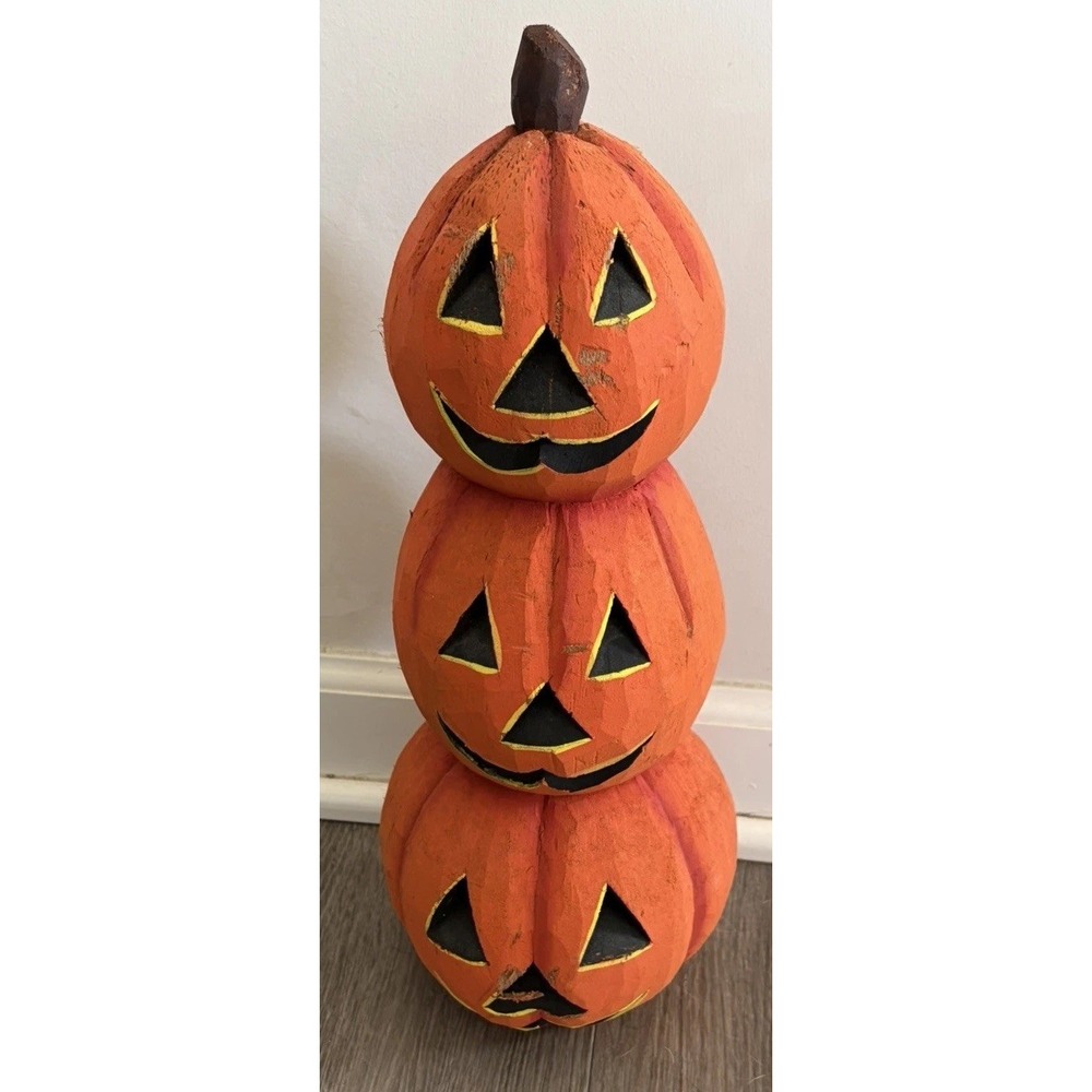 VTG Halloween Jack O'lantern Decoration Carved Wood Pumpkin Stack Trick or Treat